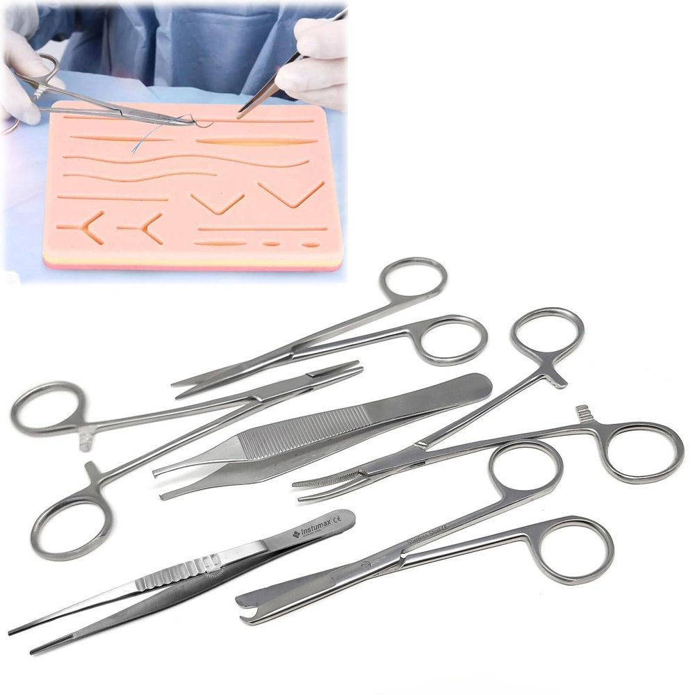 6Pcs Professional Suture Laceration Kit  Surgical, Dental & Veterinary Training Set with Iris Scissors, Mayo Hegar, Adson Koucher, Mosquito Curved, Debakey Tweezer, Spencer Stitch Scissors