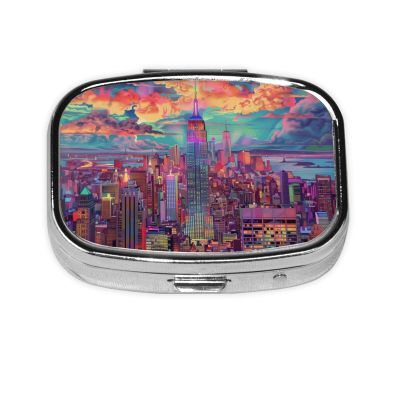 IYOVI New York City Skyline Colorful Printed Pill Box/Pill Case Portable Square Pill Box, Pill Case for Purse Pill Box Travel, 2.2x1.6in