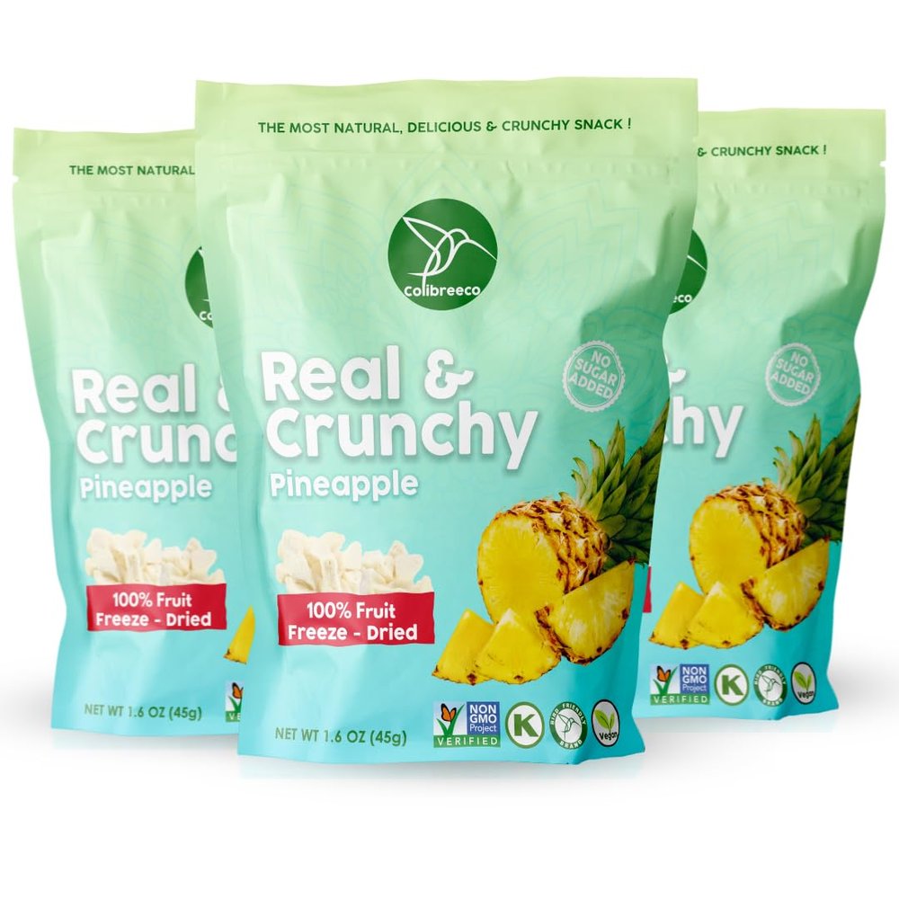 Colibreeco, Freeze-Dried Fruit, Pineapple, 1.6 Ounce (Pack of 3), Real and Crunchy, Non-GMO, Kosher and Vegan, 100% Fruit, No Sugar Added, Excellent for Healthy Snacks and Gluten Free.