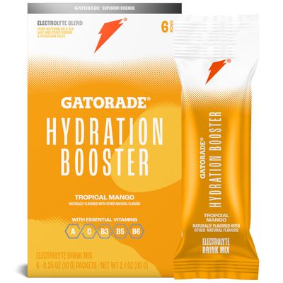 Gatorade Hydration Booster Electrolyte Drink Mix Powder Packets, Tropical Mango, Advanced Electrolyte Blend, No Added Colors, No Artificial Sweeteners, Essential Vitamins A, C, B3, B5, B6, Makes 20 Fl Oz, (6 Pack)