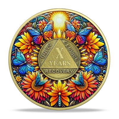 10 Year Sobriety Coin Gift | Sunflower & Butterfly Design AA Chip Medallion with Coin Capsule, Display Stand & Card | Sobriety Gifts for Anniversary Month & Year for Men & Women in Recovery