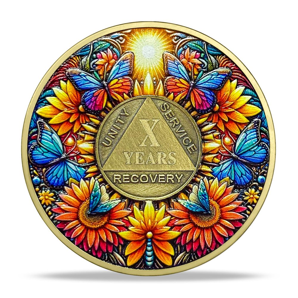 10 Year Sobriety Coin Gift | Sunflower & Butterfly Design AA Chip Medallion with Coin Capsule, Display Stand & Card | Sobriety Gifts for Anniversary Month & Year for Men & Women in Recovery