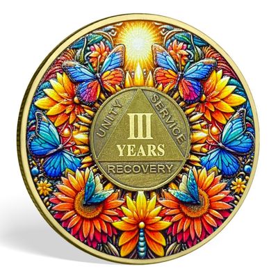 3 Year Sobriety Coin Gifts Set | Sunflower & Butterfly Design AA Chip Medallion with Coin Capsule | Sobriety Gifts for Anniversary Month & Year for Men & Women in Recovery
