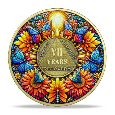 7 Year Sobriety Coin Gifts | Sunflower & Butterfly Design AA Chip Medallion with Coin Capsule | Sobriety Gifts for Anniversary Month & Year for Men & Women in Recovery