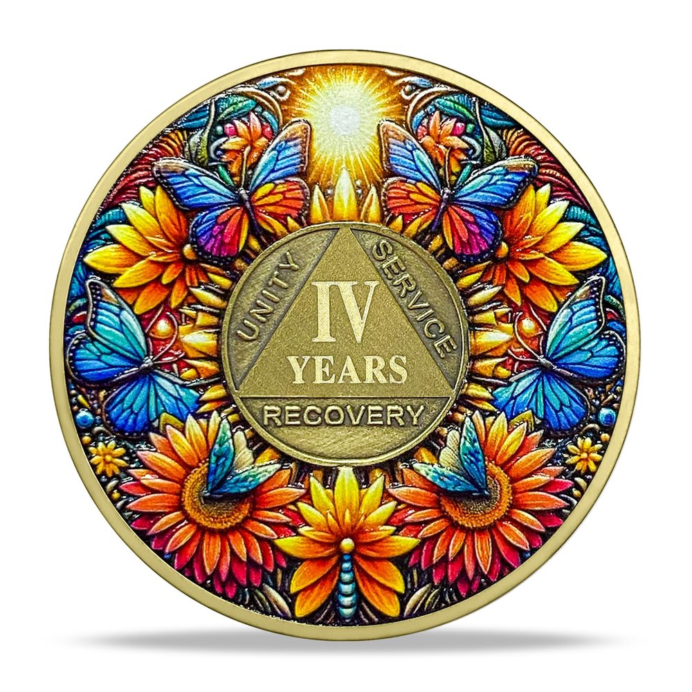 4 Year Sobriety Coin Gifts | Sunflower & Butterfly Design AA Chip Medallion with Coin Capsule | Sobriety Gifts for Anniversary Month & Year for Men & Women in Recovery