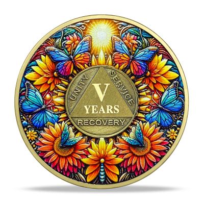 5 Year Sobriety Coin Gifts Set | Sunflower & Butterfly Design AA Chip Medallion with Coin Capsule | Sobriety Gifts for Anniversary Month & Year for Men & Women in Recovery