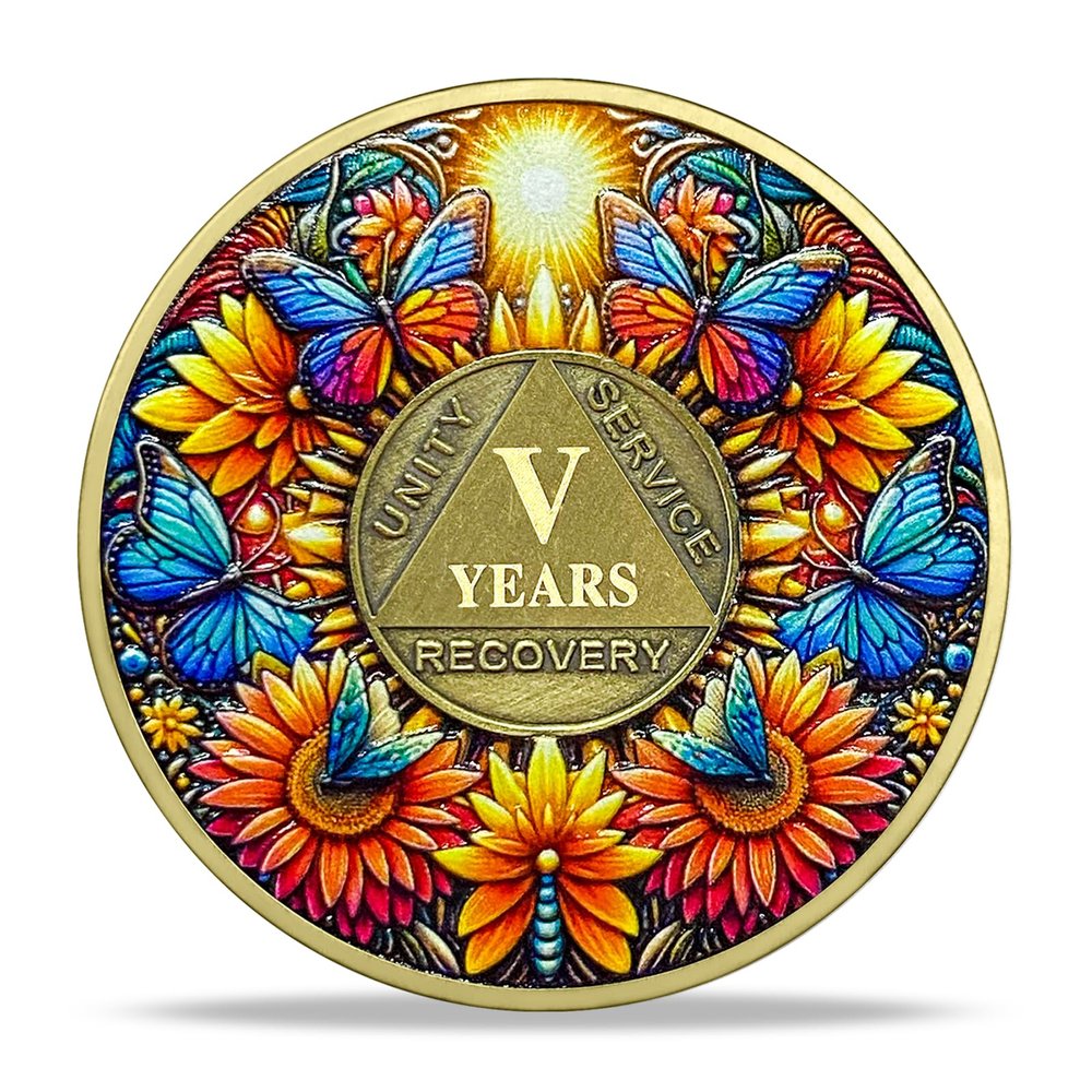 5 Year Sobriety Coin Gifts Set | Sunflower & Butterfly Design AA Chip Medallion with Coin Capsule | Sobriety Gifts for Anniversary Month & Year for Men & Women in Recovery