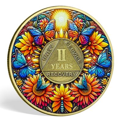 2 Year Sobriety Coin Gift | Sunflower & Butterfly Design AA Chip Medallion with Coin Capsule | Sobriety Gifts for Anniversary Month & Year for Men & Women in Recovery