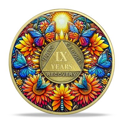 9 Year Sobriety Coin Gifts Set | Sunflower & Butterfly Design AA Chip Medallion with Coin Capsule | Sobriety Gifts for Anniversary Month & Year for Men & Women in Recovery