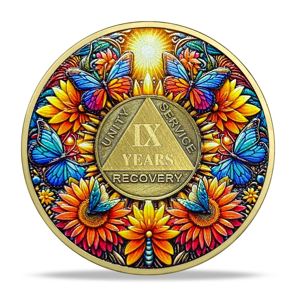 9 Year Sobriety Coin Gifts Set | Sunflower & Butterfly Design AA Chip Medallion with Coin Capsule | Sobriety Gifts for Anniversary Month & Year for Men & Women in Recovery
