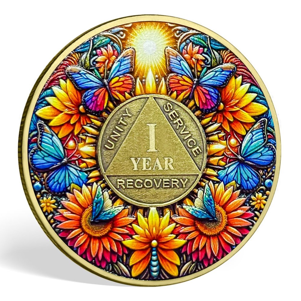 1 Year Sobriety Coin Gifts Set | Sunflower & Butterfly Design AA Chip Medallion with Coin Capsule | Sobriety Gifts for Anniversary Month & Year for Men & Women in Recovery