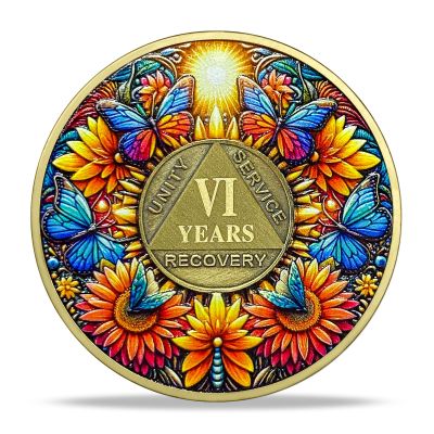 6 Year Sobriety Coin Gifts | Sunflower & Butterfly Design AA Chip Medallion with Coin Capsule | Sobriety Gifts for Anniversary Month & Year for Men & Women in Recovery