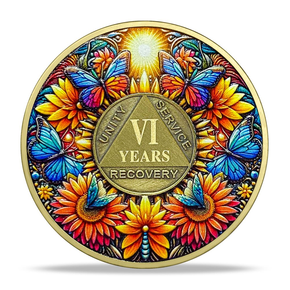 6 Year Sobriety Coin Gifts | Sunflower & Butterfly Design AA Chip Medallion with Coin Capsule | Sobriety Gifts for Anniversary Month & Year for Men & Women in Recovery