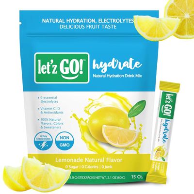 Let'z Go! Hydrate- Natural Hydration + Electrolyte Drink Mix- Hydration + Electrolytes + Antioxidant Powder Packets, Natural Flavors, Vitamins C + D | No Sugar | No Calories | (15 Count) Lemonade