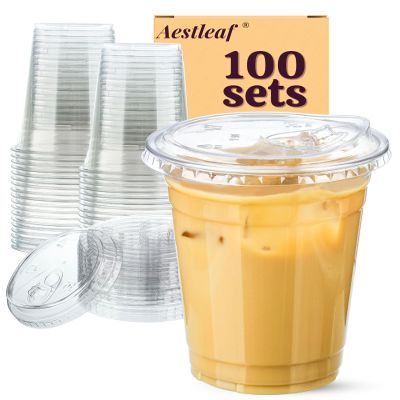 Aestleaf 100 Pack 16 oz Clear Plastic Cups with Lids, Disposable Plastic Iced Coffee Cups with Strawless Sip-Lids, To Go Coffee Cup for Smoothie, Milkshake, Cold Drinks