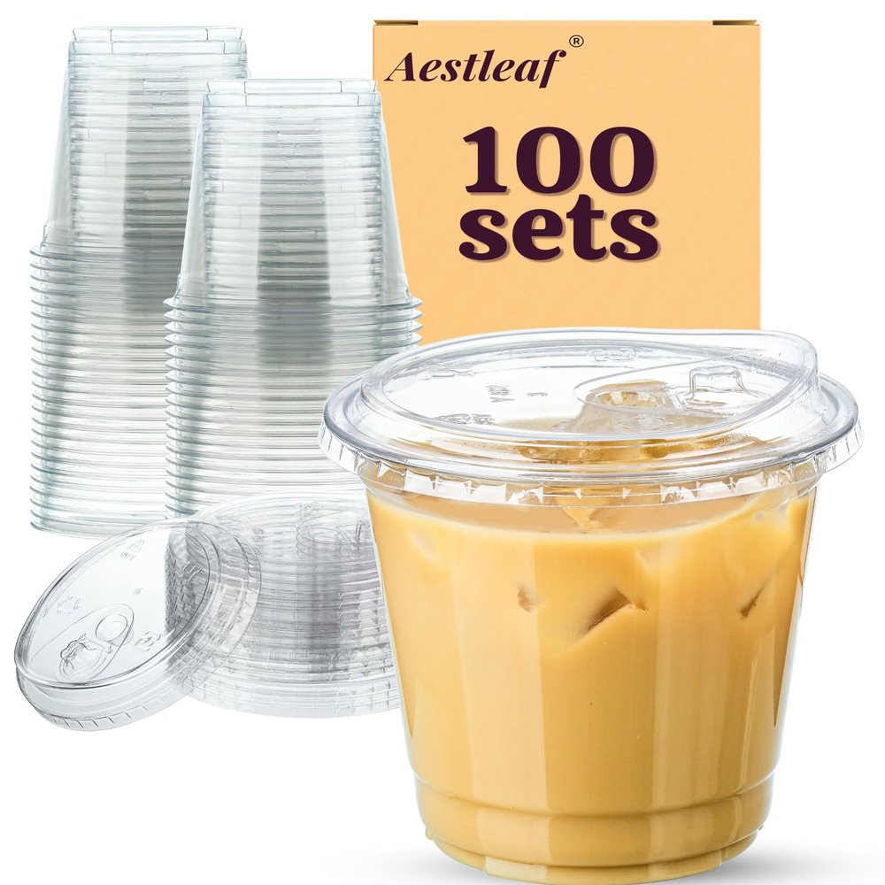 Aestleaf 100 Pack 12 oz Clear Plastic Cups with Lids, Disposable Plastic Iced Coffee Cups with Strawless Sip-Lids, To Go Coffee Cup for Smoothie, Milkshake, Cold Drinks