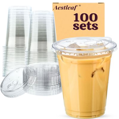 Aestleaf 100 Pack 20 oz Clear Plastic Cups with Lids, Disposable Plastic Iced Coffee Cups with Strawless Sip-Lids, To Go Coffee Cup for Smoothie, Milkshake, Cold Drinks