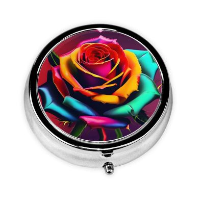 Metal Pill Box 2.0x2.0x0.7 in Mini Travel Medicine Pill Organizer Box for Purse Pocket Colorful Rose Printed