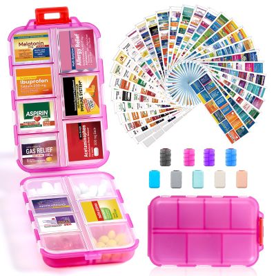 14 Grids Travel Pill Organizer Box with 415-Pcs Medicine Name Labels - Pocket Daily Pharmacy Case Container Kit - Travel Medication Holder Dispenser for Fish Oil Vitamin Supplement Storage -Clear Pink