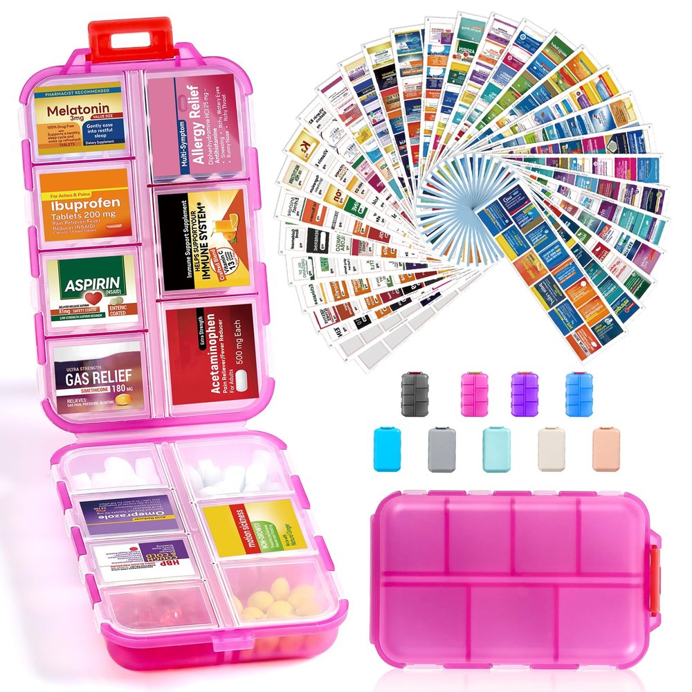 14 Grids Travel Pill Organizer Box with 415-Pcs Medicine Name Labels - Pocket Daily Pharmacy Case Container Kit - Travel Medication Holder Dispenser for Fish Oil Vitamin Supplement Storage -Clear Pink