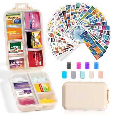 14 Grids Travel Pill Organizer Box with 415-Pcs Medicine Name Labels - Pocket Daily Pharmacy Case Container Kit - Travel Medication Holder Dispenser for Fish Oil Vitamin Supplement Storage - Khaki