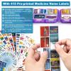 14 Grids Travel Pill Organizer Box with 415-Pcs Medicine Name Labels, Pocket Daily Pharmacy Case Container, Travel Medication Holder Dispenser Kit for Fish Oil Vitamin Supplement Storage -Clear Purple view 2