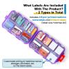 14 Grids Travel Pill Organizer Box with 415-Pcs Medicine Name Labels, Pocket Daily Pharmacy Case Container, Travel Medication Holder Dispenser Kit for Fish Oil Vitamin Supplement Storage -Clear Purple view 3