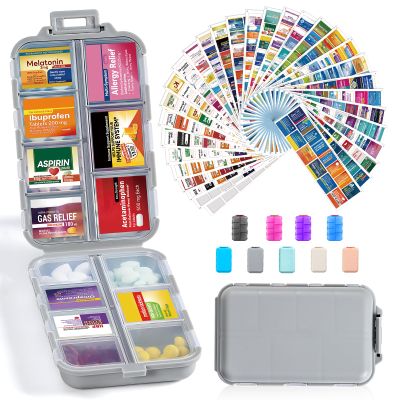14 Grids Travel Pill Organizer Box with 415-Pcs Medicine Name Labels - Pocket Daily Pharmacy Case Container - Travel Medication Holder Dispenser Kit for Fish Oil Vitamin Supplement Storage - Grey