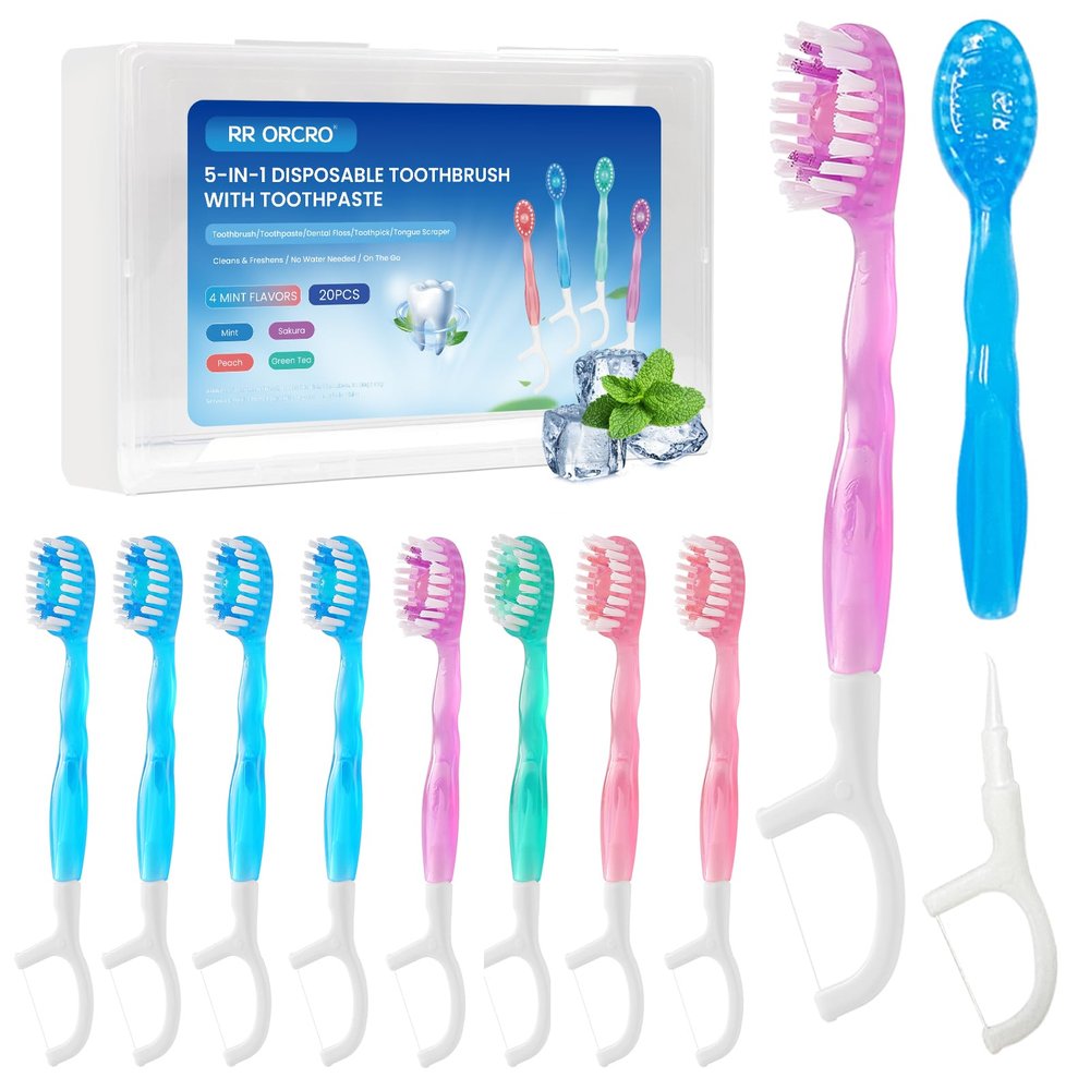 20Pack Mini Disposable Toothbrushes Set 5-in-1 Portable Pre-Pasted Travel Toothbrush with Toothpaste + Tongue Scraper + Floss + Pick Individually Wrapped Small Prepasted Toothbrush for Kids Adults