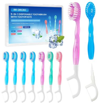 10Pack Disposable Toothbrushes with Toothpaste 5-in-1 Mini Travel Toothbrush with Tongue Scraper + Floss + Pick Individually Wrapped Prepasted Portable On The Go Toothbrush for Work Travel, 4 Flavors