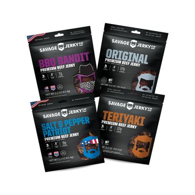 SAVAGE Beef Jerky Variety - Salt & Pepper Patriot, Teriyaki, BBQ Bandit, Original (Pack of 4) - Gluten Free, High Protein, Low Calorie