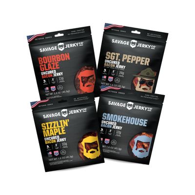 SAVAGE Bacon Jerky Variety - Sizzlin Maple, Bourbon Glaze, Smokehouse, Sgt. Pepper (Pack of 4) - Gluten Free, High Protein, Low Calorie