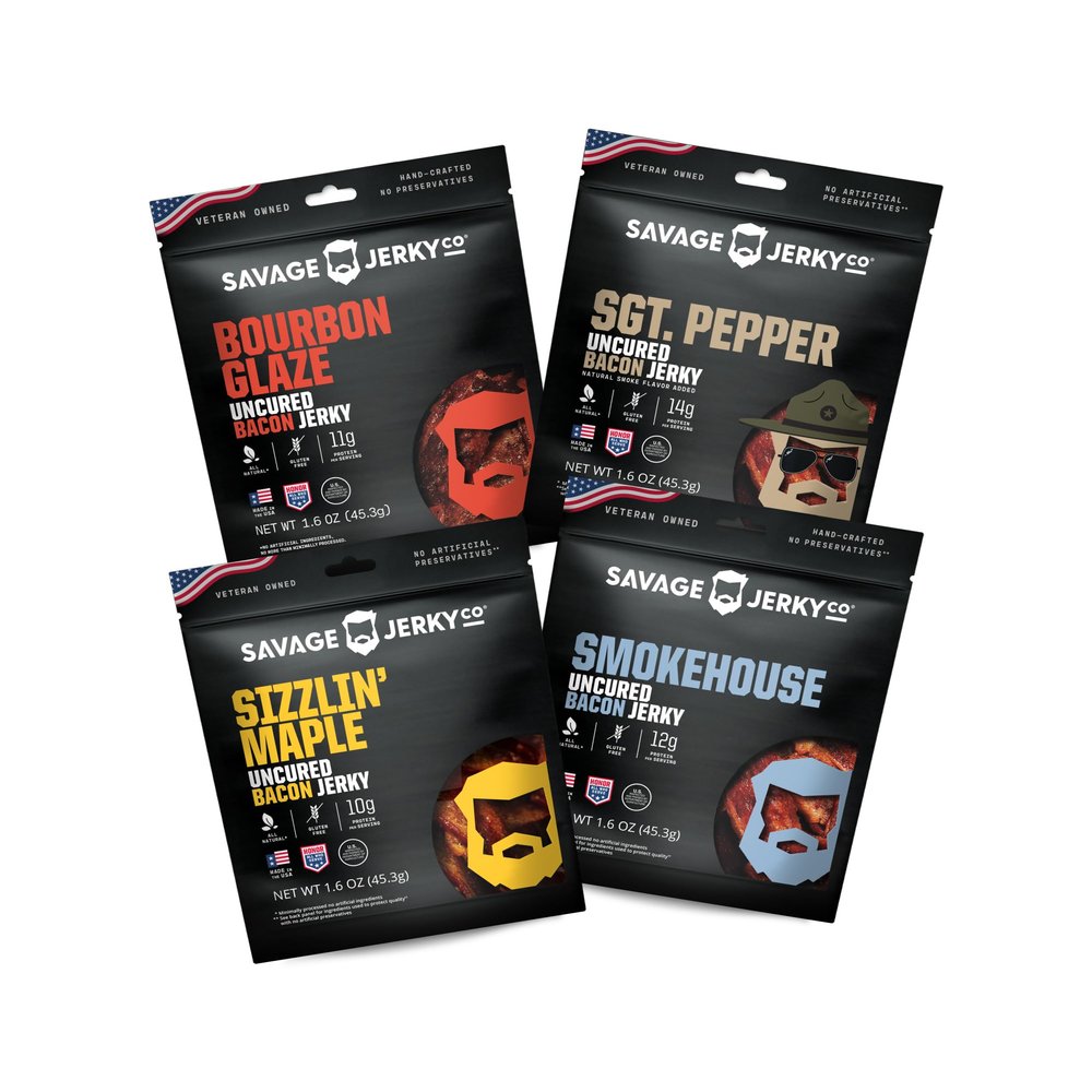 SAVAGE Bacon Jerky Variety - Sizzlin Maple, Bourbon Glaze, Smokehouse, Sgt. Pepper (Pack of 4) - Gluten Free, High Protein, Low Calorie