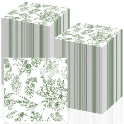 200 Pcs Sage Green Floral Paper Napkins Bulk Disposable Guest Hand Towels for Bathroom Green and White Cocktail Dinner Napkins for Wedding Bridal Shower Baby Shower Birthday Table Party Supplies