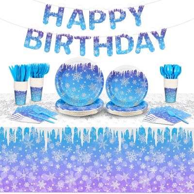 171 Pcs Winter Snowflake Birthday Party Supplies Winter Paper Plates and Napkins Disposable Snowflake Tableware Set Blue Purple Plates Napkins Icicle Tablecloths for Christmas Birthday Party