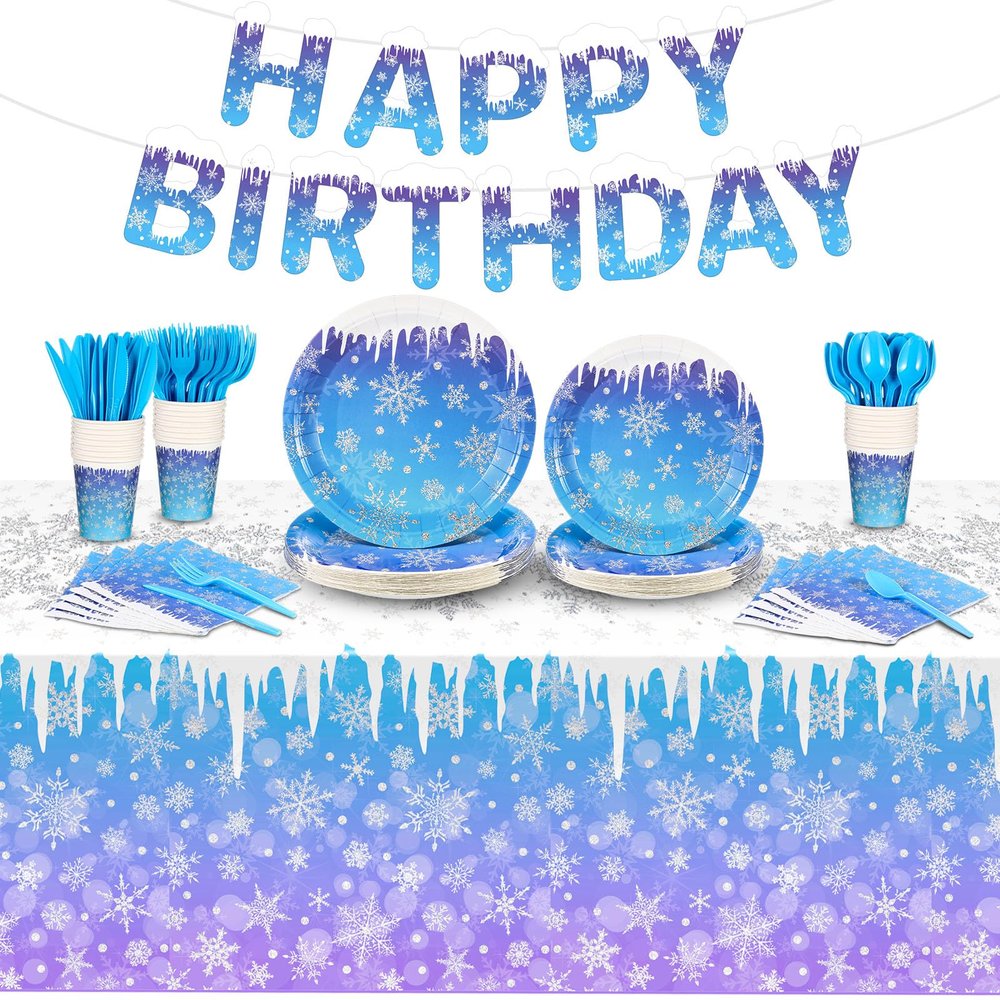 171 Pcs Winter Snowflake Birthday Party Supplies Winter Paper Plates and Napkins Disposable Snowflake Tableware Set Blue Purple Plates Napkins Icicle Tablecloths for Christmas Birthday Party