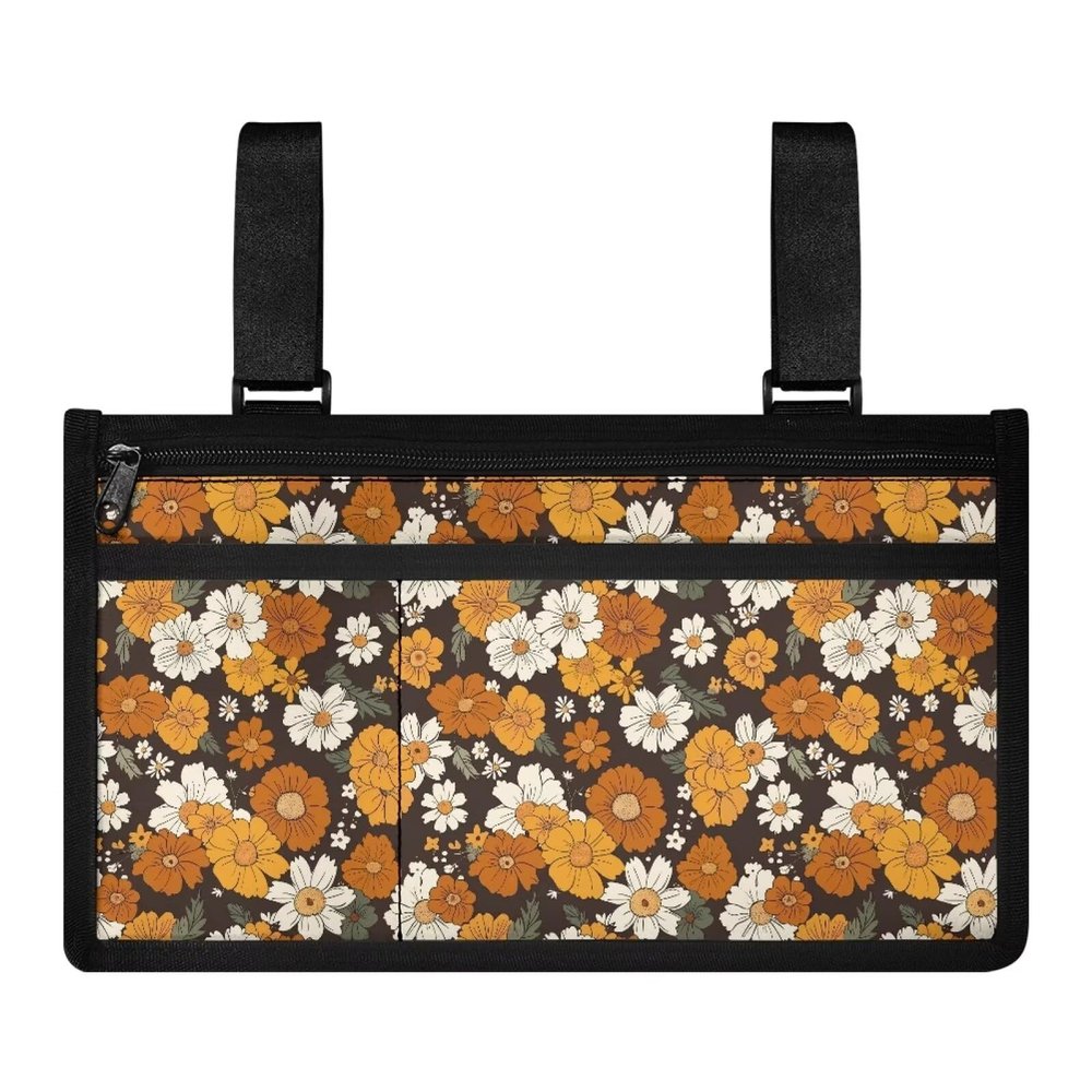 Gomyblomy Hippie Flowers Wheelchair Side Bag with Cup Holder and Multi Pockets, Portable Electric Wheelchair Armrest Bags Lightweight Wheelchair Accessories for Seniors and Adults