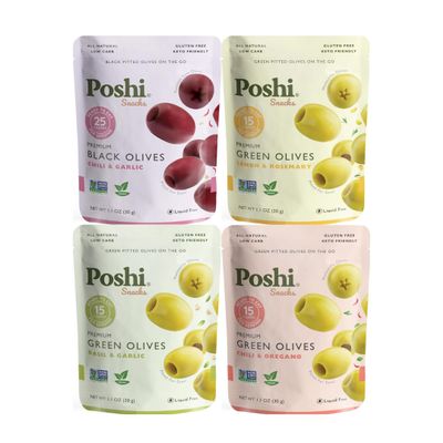 Big Top Deals USA Variety Pack Pitted Green & Kalamata Olives 4 Flavors, Non-GMO Mediterranean Gourmet Snack, Travel Size Healthy On-the-Go Lunch Snack, Party Favor Gift Bag (4-Pack, 1.1oz Each)