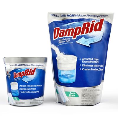 Damp Rid Refillable Moisture Absorber  Pure Linen Humidity Absorber & Odor Absorber with 11oz Cup and 44oz Refill Bag, Cleaner Air for Closet & Bathroom  ILIOS Packaging