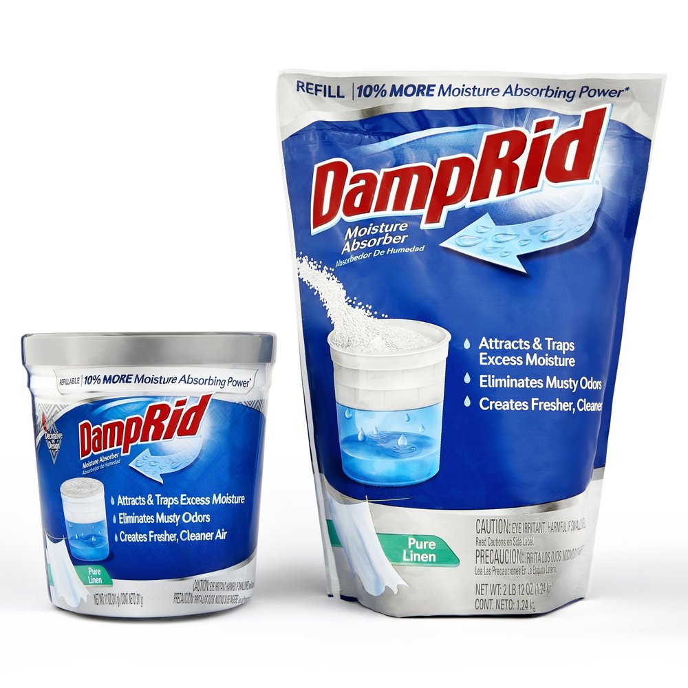 Damp Rid Refillable Moisture Absorber  Pure Linen Humidity Absorber & Odor Absorber with 11oz Cup and 44oz Refill Bag, Cleaner Air for Closet & Bathroom  ILIOS Packaging