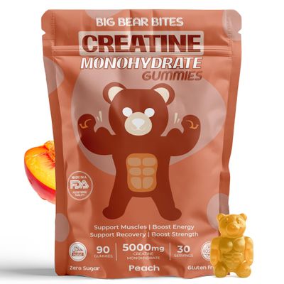 Big Bear Bites Creatine Monohydrate Gummies for Men & Women | 5000mg of Creatine Gummies per Serving | Sugar, Gluten Free & Halal | Pack of 90 for Pre Workout & Muscle Recovery | Peach Flavor