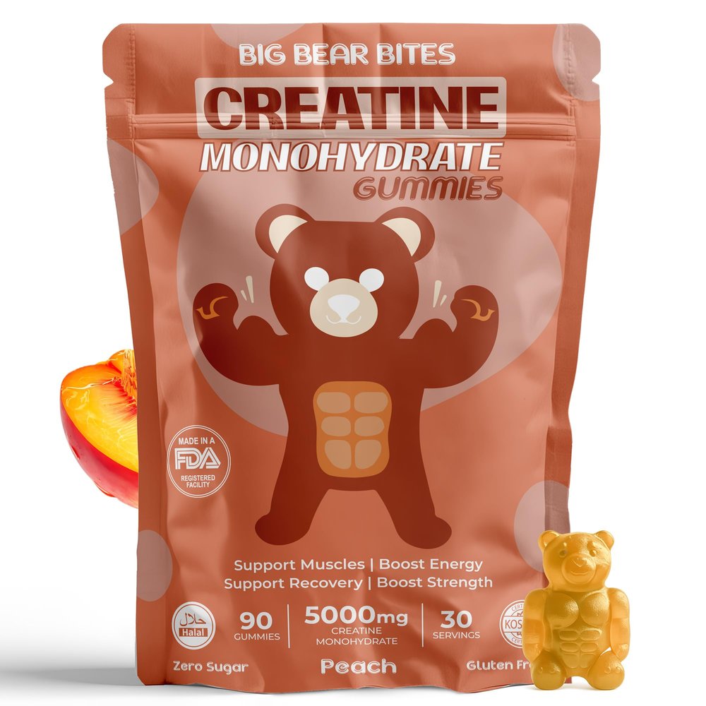 Big Bear Bites Creatine Monohydrate Gummies for Men & Women | 5000mg of Creatine Gummies per Serving | Sugar, Gluten Free & Halal | Pack of 90 for Pre Workout & Muscle Recovery | Peach Flavor
