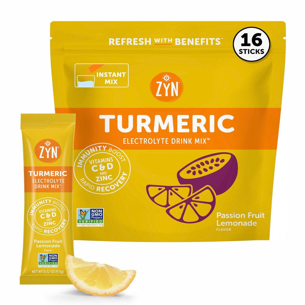 ZYN Electrolytes Powder Hydration Packets with Vitamins, Zinc & Turmeric Curcumin for Gut Health, Immune Support, Low Sugar Electrolyte Drink Mix Packets with Piperine, Passion Fruit Lemonade, 16 Pack