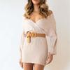 Women's Sexy Ribbed Knit Sweater Dress Casual Long Sleeve V Neck Bodycon Elegant Pleated A Line Long Dress (Large,Apricot) view 4
