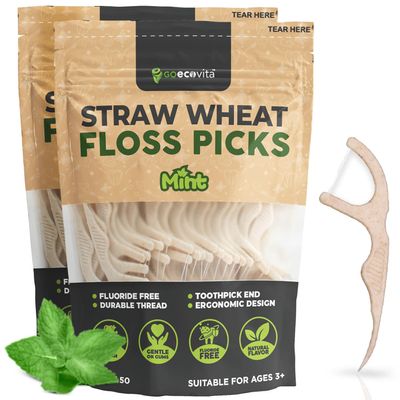Dental Floss Picks - Straw Wheat Handle Flossers | Thin & Shred-Resistant Thread for Tight Gaps | Flossers for Adults | Gentle on Gums & Teeth (100 Pack, Mint)