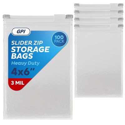 100 Count - Slider Zip Food Storage Snack Bags, 4" x 6" (8 Ounces) 3 Mil Heavy Duty, Strong & Durable For Freezer Storage, For Nuts, Candy, Snacks, Seeds, Jewelry & More. GPI