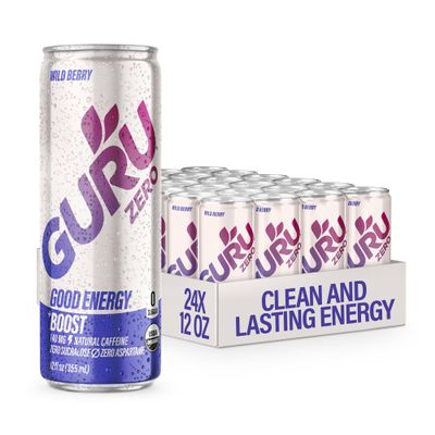 GURU ZERO SUGAR Wild Berry Organic Energy Drink with Plant Based Natural Caffeine from Green Tea, Coconut Water, Prebiotic, Zero Added Sugars, Gluten Free & Vegan, Pre Workout, 140MG Caffeine, 12 Oz (Pack of 24)