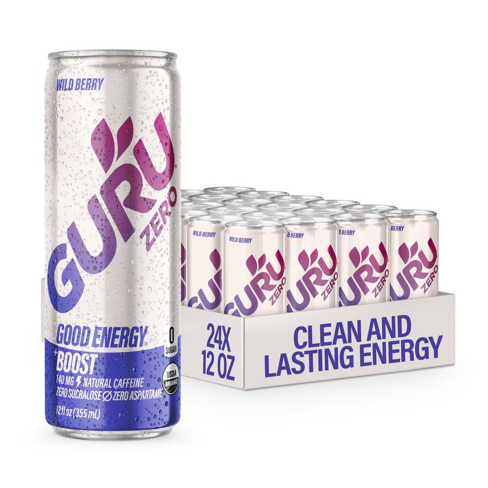 GURU ZERO SUGAR Wild Berry Organic Energy Drink with Plant Based Natural Caffeine from Green Tea, Coconut Water, Prebiotic, Zero Added Sugars, Gluten Free & Vegan, Pre Workout, 140MG Caffeine, 12 Oz (Pack of 24)