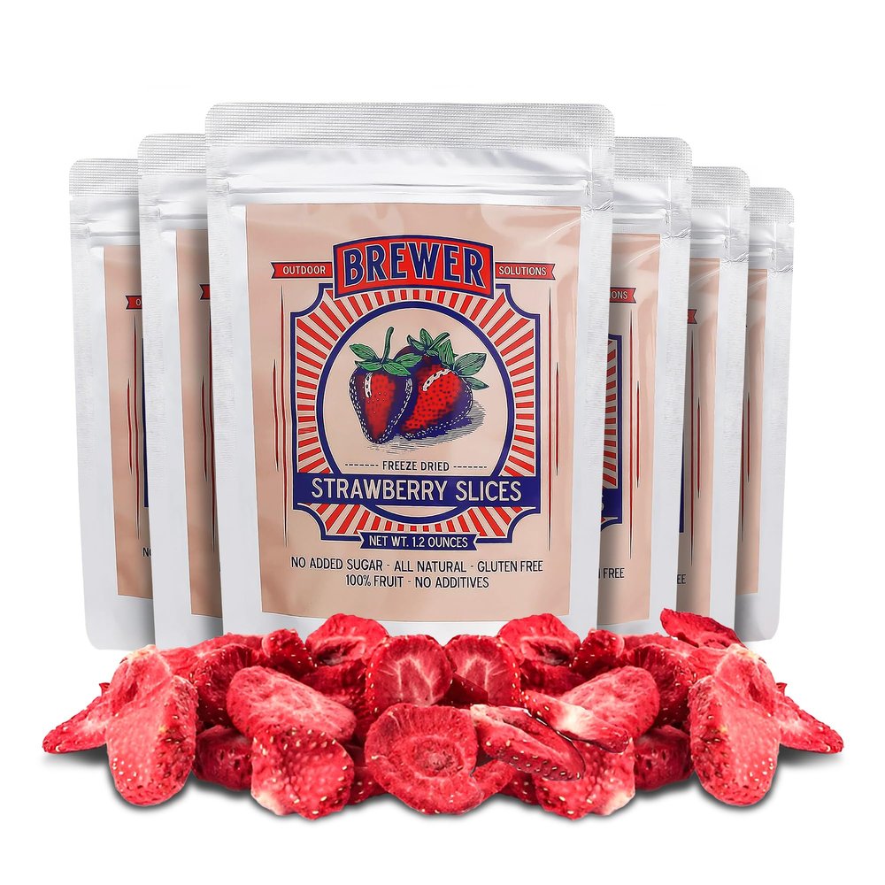 BREWER Bulk Freeze Dried Strawberries Slices - Pack of 6 (1.2 Oz Each) Organic Freeze Dried Strawberries No Sugar Added, Dry Strawberry Gluten Free Fruit Snack for Baking, Smoothies, Cereals & Travel