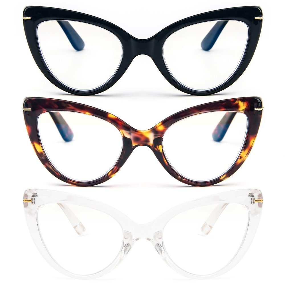 MMOWW Cat Eye Reading Glasses for Women Fashion Cute Readers Blue Light Blocking Glasses 3 Pack, Black/Tortoise/Transparent +3.5